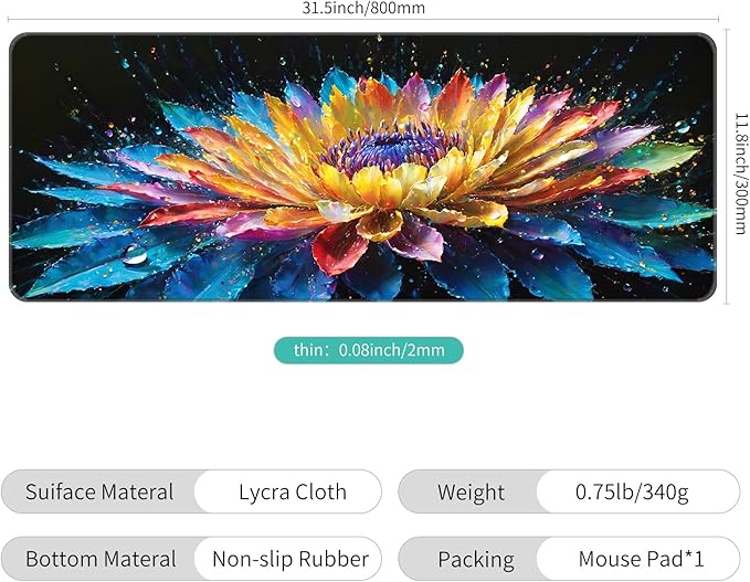 Dynippy Thin Extended Gaming Mouse Pad （31.5 * 11.8 * 0.08 inch） with Stitched Edges Large, Long XXL Keyboard and Mouse pad Desk Mat for Gaming Office & Home - Flower 30