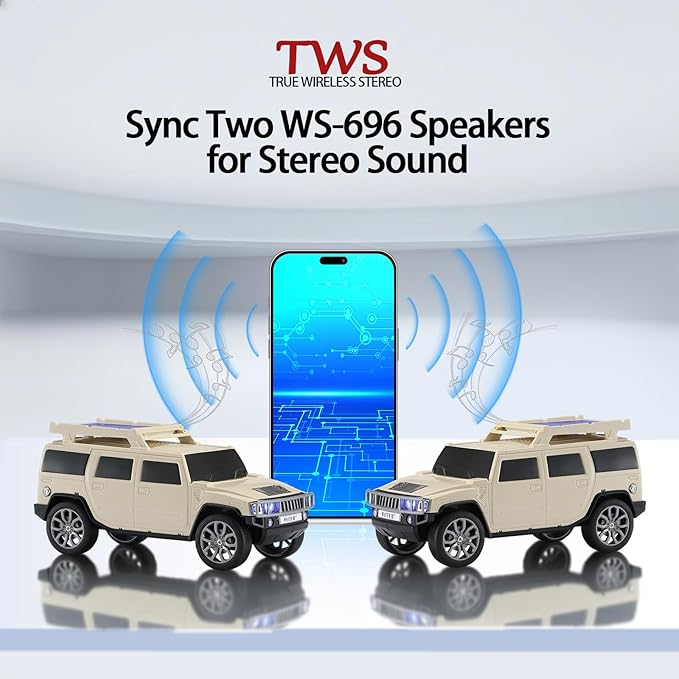 WSTER WS-696 Solar Bluetooth Replica Speaker – Portable Modern Off-Road Car Design with HD Sound, TWS, LED Party Light, USB/TF Playback, FM, Built-in Microphone, Surprise Gift(Beige)
