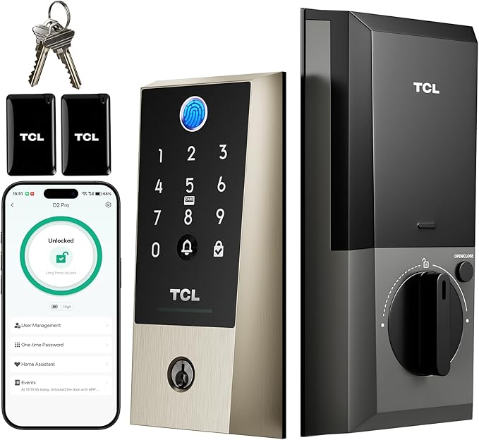 TCL D2 Plus Fingerprint Smart Lock, Wi-Fi Keyless Entry Door Lock, IP55 Weatherproof, Built-in Doorbell, Auto Lock, Easy Install, Brushed Nickel
