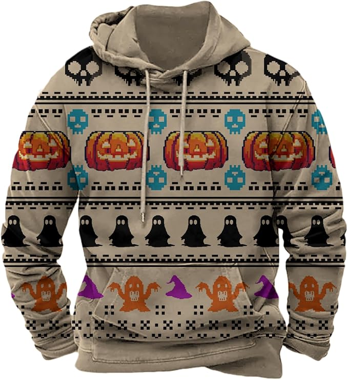 Halloween Hoodie Men Graphic Pumpkin Ghost Printed Sweatshirt Casual Trendy Long Sleeve Halloween Hooded Tops with Pockets