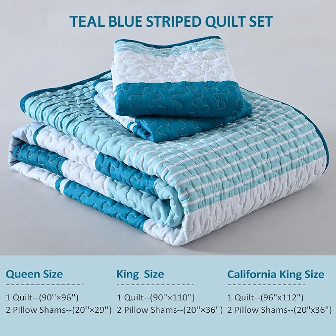 Dinjoy California King Striped Quilt Set, Teal Bedspread Bedding | Soft - Image 6