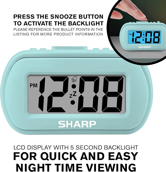 Sharp Battery Alarm Clock with Soft-Touch Case and Blue Backlight, Mint | - Image 4