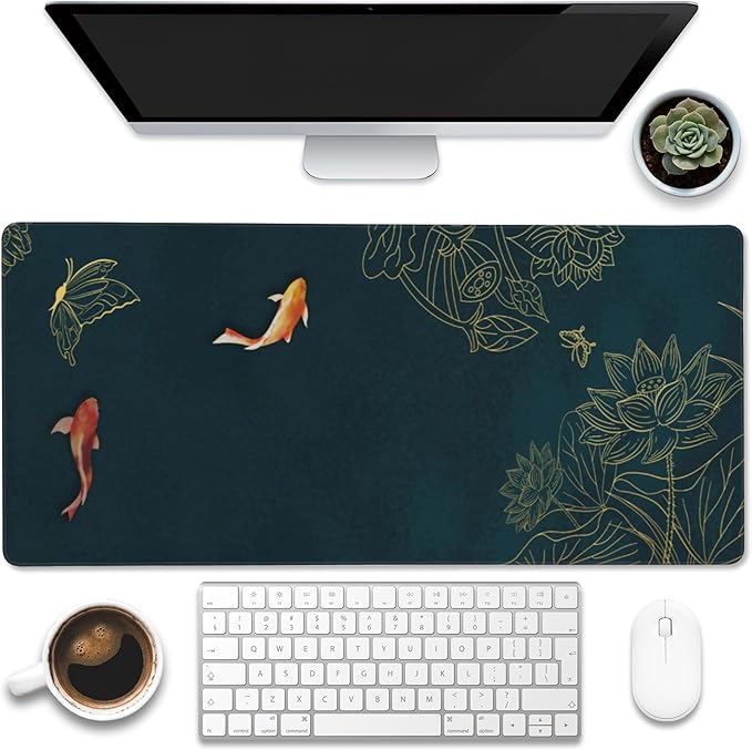 Eflxamz Large Gaming Mouse Pad, Koi Fish Ink Painting Desk Mat, Golden Line Lotus Desk Pad, Extended Big Computer Keyboard Mouse Pad with Non-Slip Base and Stitched Edge, 35.4"x15.7"