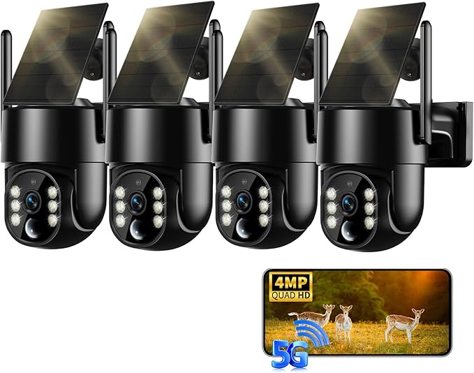 Seeborder Solar Security Cameras Wireless Outdoor, 2K 4MP Security Cameras Battery Powered PTZ WiFi Camera, Color Night Vision, 2-Way Talk, PIR Motion Detection for Home Security (Black 4 Pack)