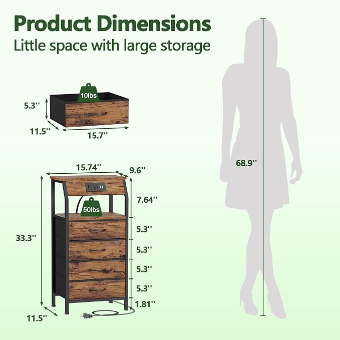 Night Stand with Charging Station, 4 Drawers Tall Bedside Table | Small Rustic - Image 3