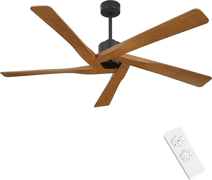 WINGBO 54" ABS DC Ceiling Fan No Light, 5 Blade Wood Grain ABS Ceiling Fan with Remote, 6-Speed Reversible DC Motor, Ceiling Fans without Light for Kitchen Bedroom Living Room, Matte Black and Walnut