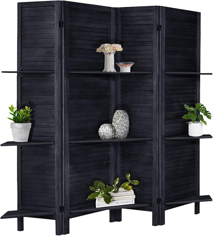 Room Divider with Shelves, 4 Panel Black Privacy Screen | Partition Room by AMBITION+LAND
