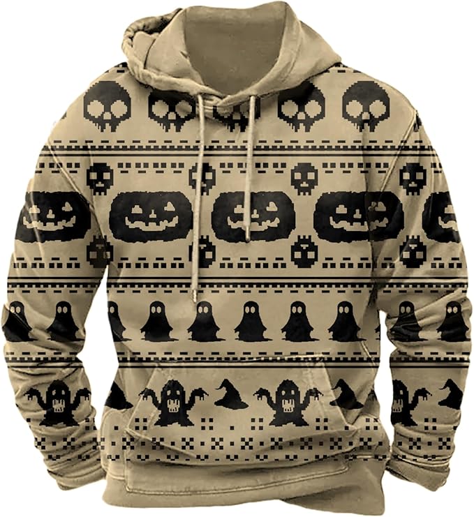 Halloween Hoodie Men Graphic Pumpkin Ghost Printed Sweatshirt Casual Trendy Long Sleeve Halloween Hooded Tops with Pockets