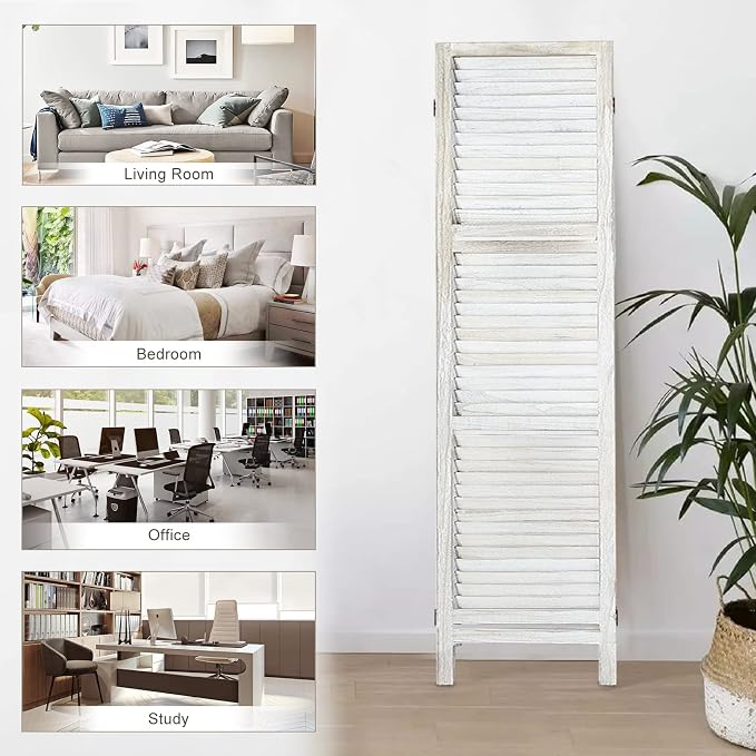 Room Divider with Shelves, 4 Panel Distressed White | Partition Room Dividers - Image 7