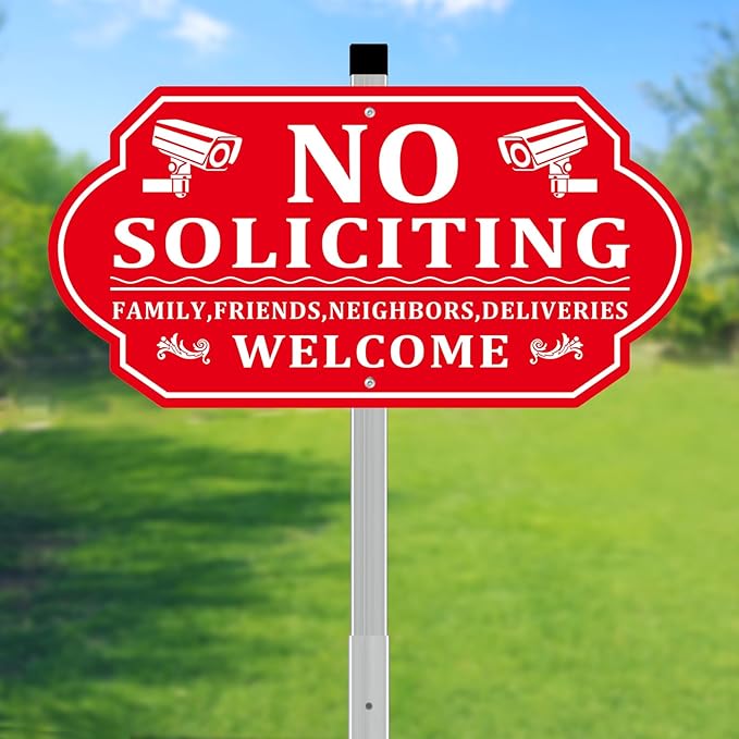 No Soliciting Sign for House, No Soliciting Signs for Front Door with Long Stake, Heavy Duty Aluminum Yard Signs UV Protected Weather Resistant and Easy Install for Lawns Garden (14x7 inches Red)