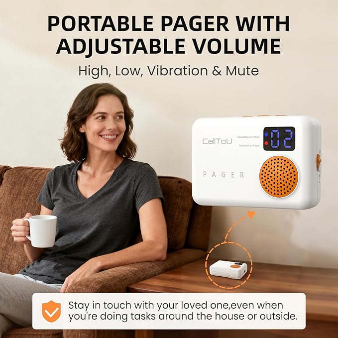 CallToU Caregiver Pager - Wireless Call Button for Elderly at Home, Portable Nurse Alert System with Vibration & Sound Alerts for Seniors and Disabled （ 2 Call Buttons + 3 receivers）