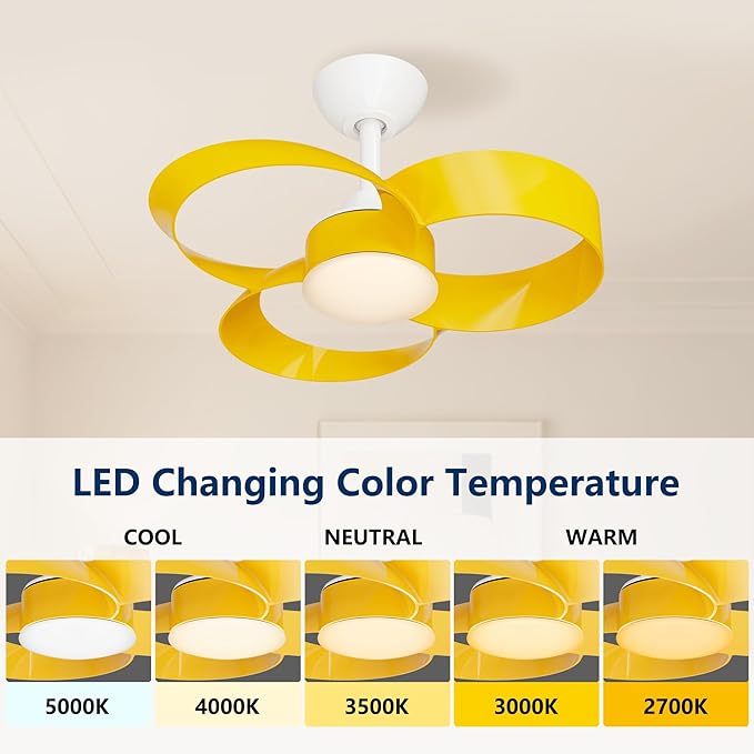 FANX 22 Inch Ceiling Fan with Light and Remote, Quiet DC Motor, Dimmable LED, Reversible 3-Speed Control, Easy Installation Flush Mount Fan for Small Rooms (Yellow)