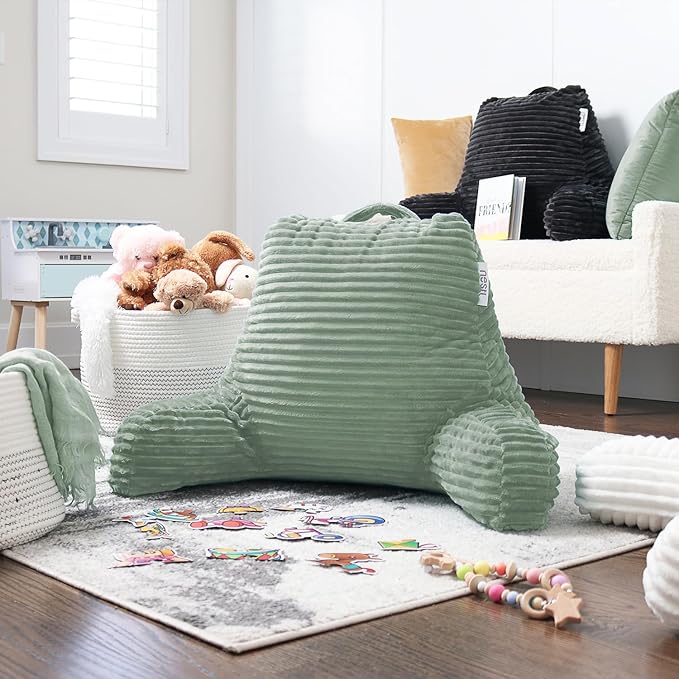 Nestl Reading Pillow with Shredded Memory Foam, Luxe Cut Plush Back Pillow for Sitting Up in Bed, Back and Arms Adjustable Support for Adult & Teens, Backrest Pillows with Washable Cover Sage Green