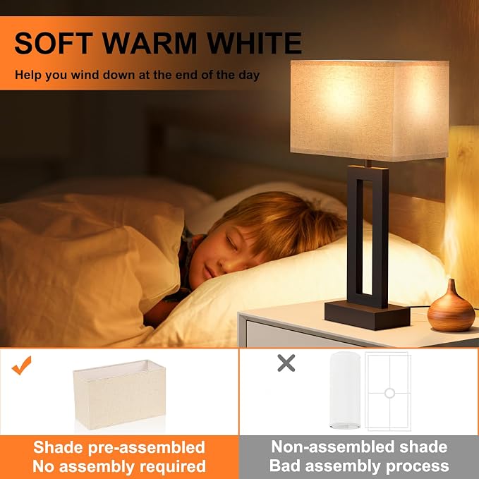 19.6" Touch Lamps for Nightstand, 3 Way Dimmable Bedroom Lamp, USB C+A | Touch - Image 5