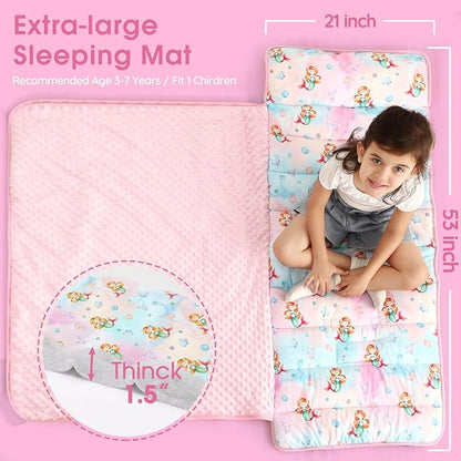 ACRABROS Toddler Nap Mat with Pillow and Blanket, Extra Large Rolled Napping Mats,Slumber Bags for Boys Girls,Kids Sleeping Bag for Daycare, Preschool Travel Camping, Shell Mermaid
