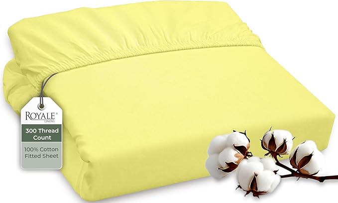ROYALE LINENS 300 Thread Count 100% Long Staple Combed Cotton Fitted Sheet Twin - Super Soft Deep Pocket Bottom Sheet - Fitted Sheets Only - Elastic Sheets (Twin, Yellow)
