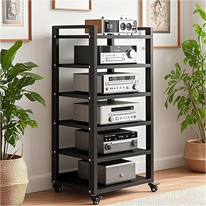 Dernoing 6 Tier Audio Rack Tower, CD Record Player Stereo Receiver AV Equipment Cabinet Display Rack, Weight Capacity 661 lbs, with Adjustable Wooden Shelves for Home (6 Tier Black)