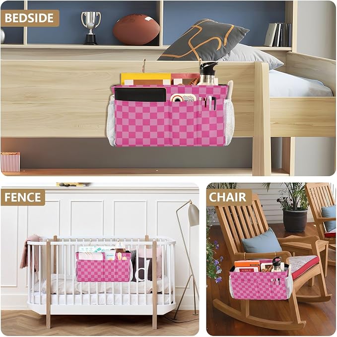 Pink Checkered Print Bedside Caddy Storage Bag Bedside Organizer - Image 8
