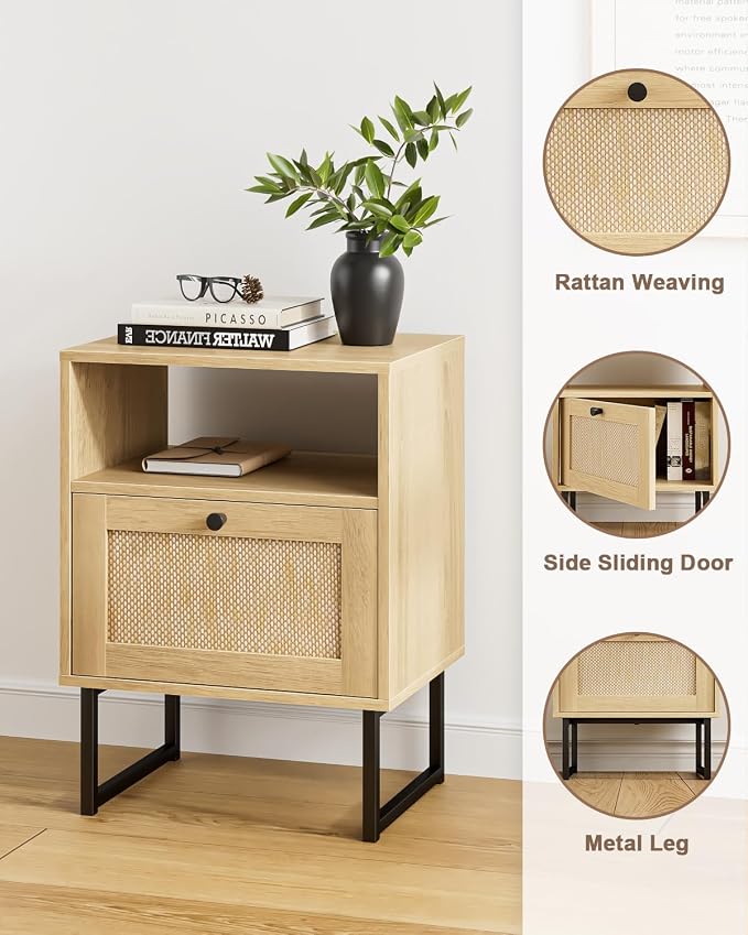 Masupu Extra Large Rattan Nightstand, Modern Boho Farmhouse Wood Bedside Table - Image 7