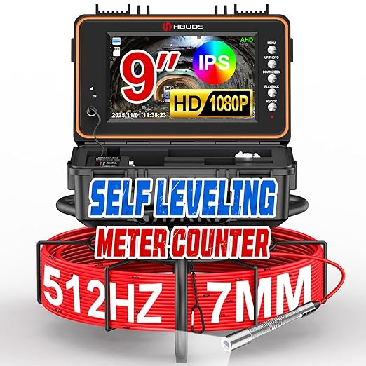 HBUDS Sewer Camera with 512Hz Sonde, Self Leveling 200ft Drain Camera with Meter Counter, 7mm Cable, 9" HD Screen 1080P Plumbing Cameras Snake with Light, 5100mAh Battery Pipe Inspection DVR 32GB