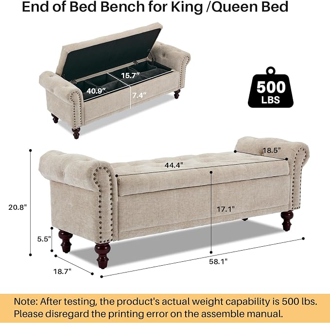 SOFTHION 58.1" Storage Bench for Bedroom, Chenille Cushion, Light Brown | End - Image 2