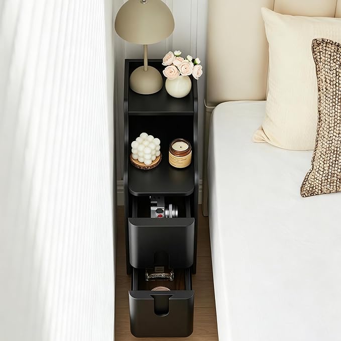 Black Narrow Nightstand, Wood 2 Drawer Small Nightstand, Slim Side Table - Image 5