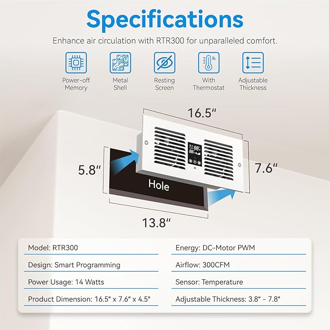 Apexicalo Room to Room Fan with Remote Control, 300CFM Through Wall Vent Fan with Temperature Control, 5-Speed Circulating Ventilation, for Kitchen, Laundry, Hardwired, RTR300-CV