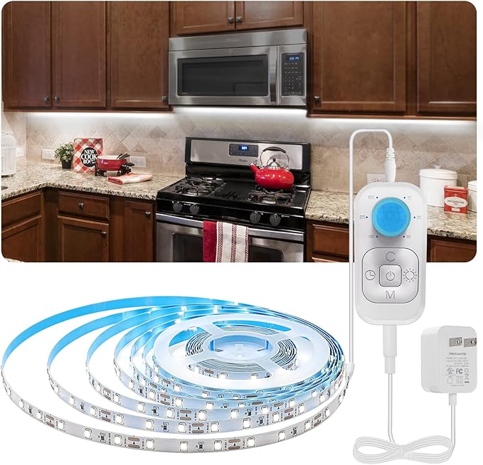Feuymoent Motion Sensor LED Strip Light - Cabinet Strip Lights with 24W Plug, Dimmer and Timing, Indoor Light Strips for Kitchen Cabinets, Stair, Under Bed, Showcase, Bedroom, 9.84ft 6000K ColdWhite