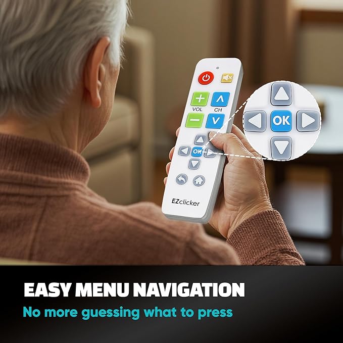EZclicker Plus Big Button Universal TV Remote (White) Simple Easy to Use, Works with Major TV Brands (2xAAA Batteries Not Included)