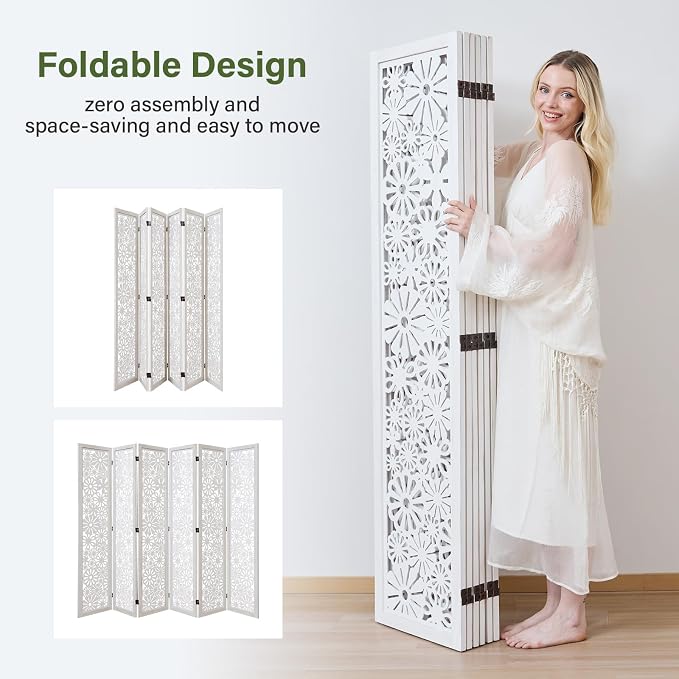 Folding Wood Room Divider Panel, 67 Inch Tall Daisy-Carved Privacy Screen - Image 3