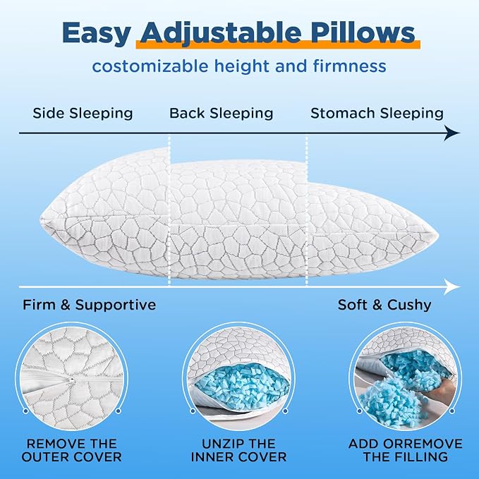 Cooling Bed Pillows for Sleeping 1 Pack Shredded Memory Foam Pillows Adjustable - Image 6
