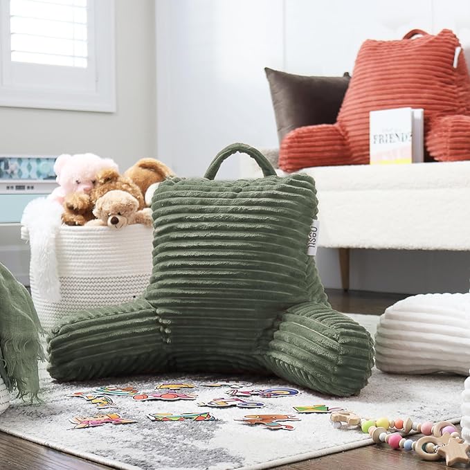 Nestl Reading Pillow for Kids & Teens with Shredded Memory Foam, Luxe Cut Plush Backrest Pillows for Reading and Gaming, for use on Couch or Bed, Adjustable Support with Washable Cover Olive Green