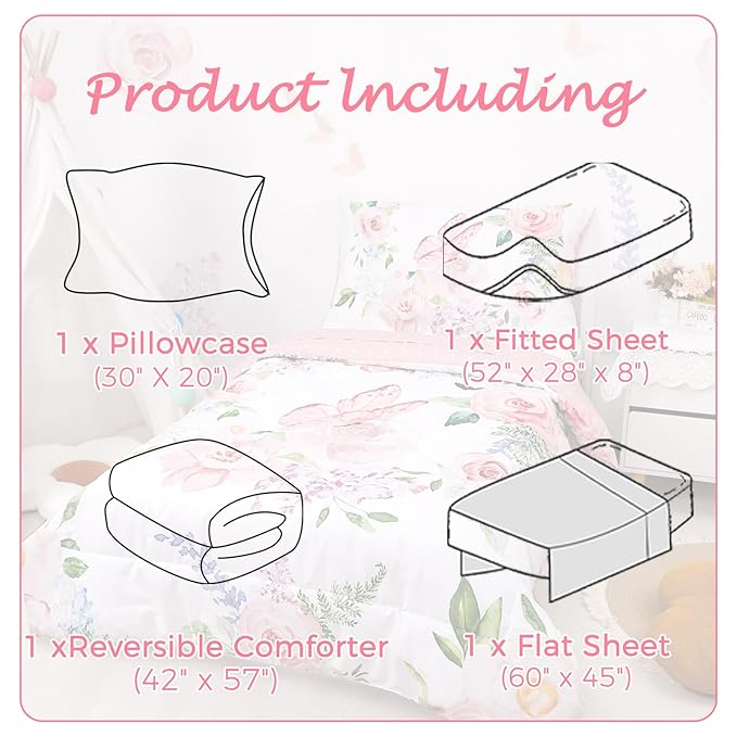 4 Piece Toddler Bedding Set for Girls, Butterfly Toddler Comforter Set, Ultra Soft Toddler Bed Set Includes Comforter, Flat Sheet, Fitted Sheet, Pillowcase (Pink Floral & Butterfly Pattern)