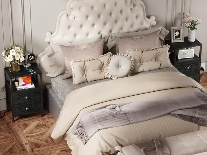 Furologee Night Stand with LED Light, Charging Station, 2 Drawer, 2 Fabric - Image 8