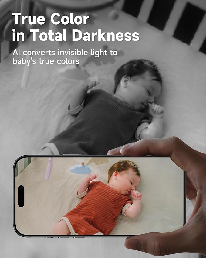 MAMAPRO Baby Monitor with Camera and Audio - 2K Color Night Vision, WiFi Video Baby Monitor - 355° Pan/70°Tilt, AI Motion/Cry/Temp/Humidity Alerts, 2-Way Audio, App for 20 Users, 8 Lullabies