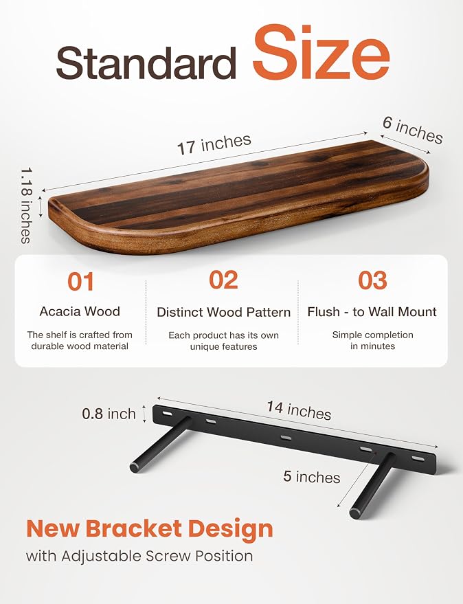 BATODA Set of 2 17" Acacia Wood Floating Shelves - Image 3