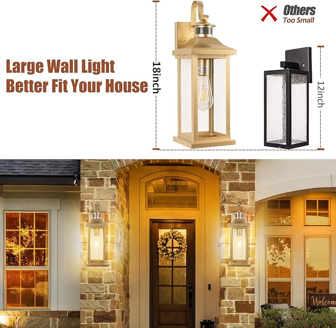 Roravilila 2-Pack Gold Dusk to Dawn Motion Sensor Lights 18 Inch, Large Outdoor Light Fixtures IP65 Waterproof Anti-Rust Brass Outside Lights for House Photocell Modern Exterior Lanterns Wall Mounted