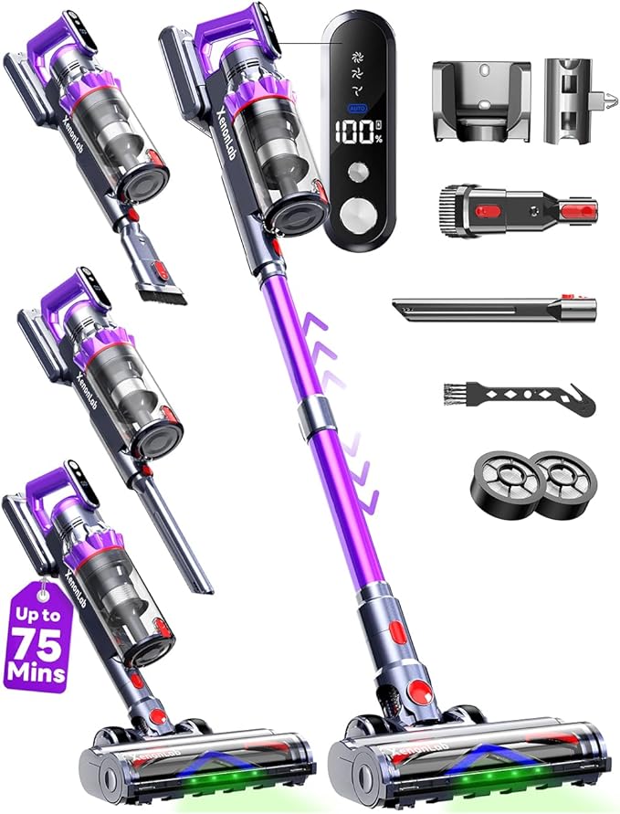 XenonLab Cordless Vacuum Cleaner, 75Mins/55KPa/650W Self-Standing Stick Vacuum Cleaners for Home, Rechargeable, Lightweight, Cone Filtration&Anti-Tangle, for Hard Floor, Carpet, Hardwoods, Pet Hair
