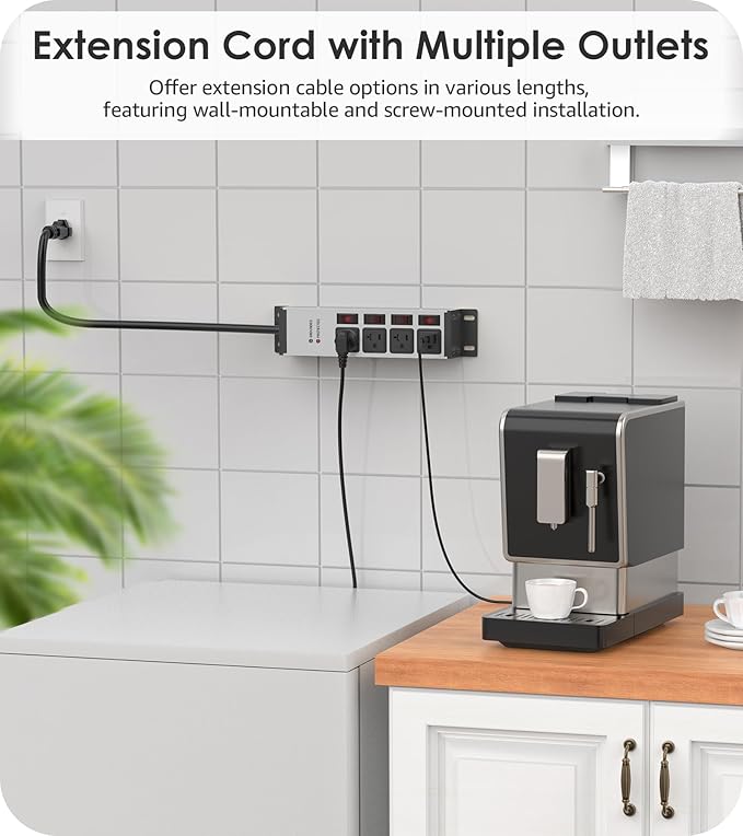 CCCEI Heavy Duty Surge Protector Power Strip 20 Amp Individual Switches. 6FT 12 Gauge Extension Cord with Multiple Outlets. Kitchen, Garage, Shop, Industrial Wall Mount Electric Extender, Grey.