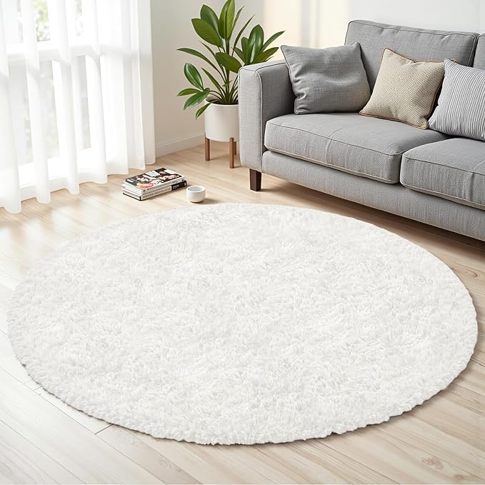 White Round Fluffy Rug 5ft Plush Fuzzy Shaggy Carpet | Soft Rugs - Image 2