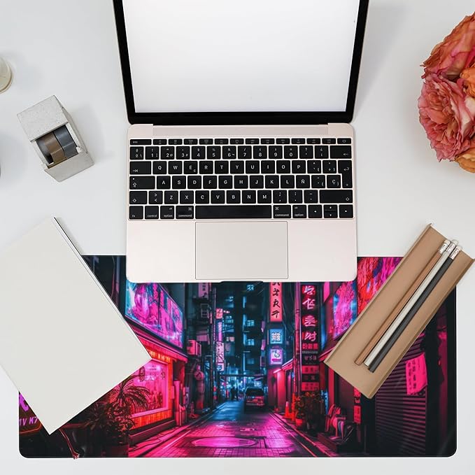 Eflxamz Desk Mat,Japanese Anime Neon Street Desk Pad,Anime City Large Gaming Mouse Pad for Desk,Extended Big Computer Keyboard Mouse Pad with Non-Slip Base and Stitched Edge,35.4"x15.7"