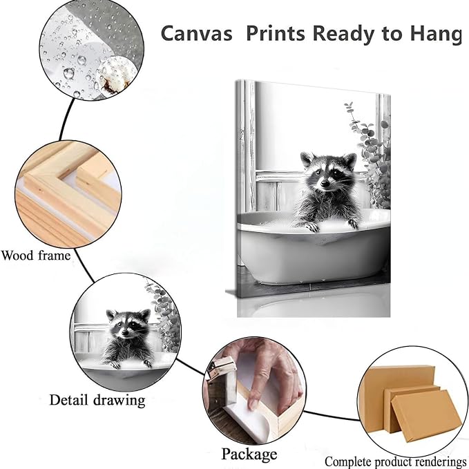 OIQArtOIQ Funny Bathroom Framed Wall Art Black and White Animal Canvas Wall Art - Image 7
