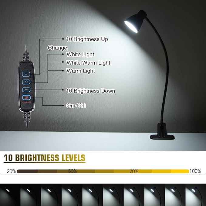 CRI 90+ Eye-Care Clip Light for Reading, 6W Small Clamp Lamp for Desk, Flexible - Image 3