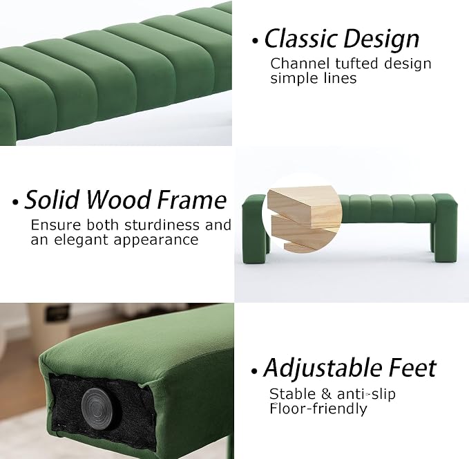 59" Velvet Bench for Bedroom King Size Bed Window End of Bed, Olive Green | - Image 5