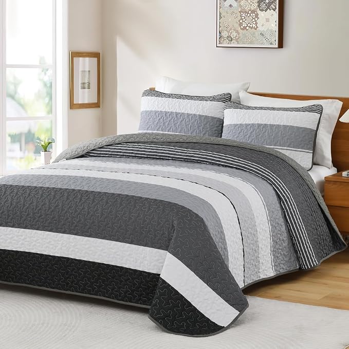 Dinjoy Full Boho Striped Quilt Set, Balck White Lightweight Bedspread | Soft - Image 2
