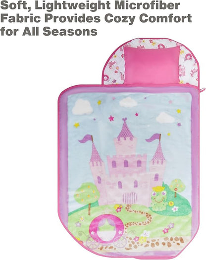 EVERYDAY KIDS Cute Preschooler and Toddler Cot Nap Mat for Home, Daycare, Preschool and Kindergarten; Easy to Roll Sleeping Mat with Elastic Straps, Pillow and Blanket