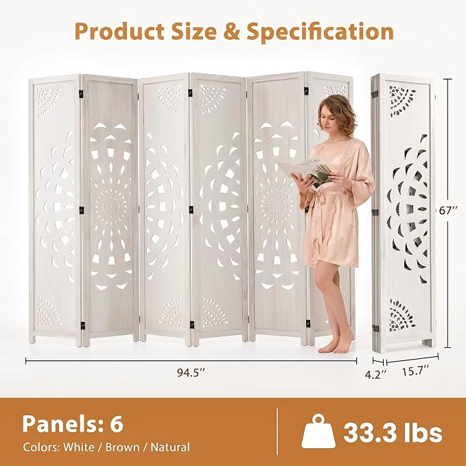 6 Panel Room dividers, 66.9" Boho Double-Sided Carved Screen, Freestanding - Image 5