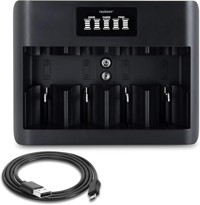 Tenergy TN486U 5-Bay Universal Battery Charger with LCD, Micro USB/Type C Input, for AA, AAA, C, D, and 9V Rechargeable Batteries