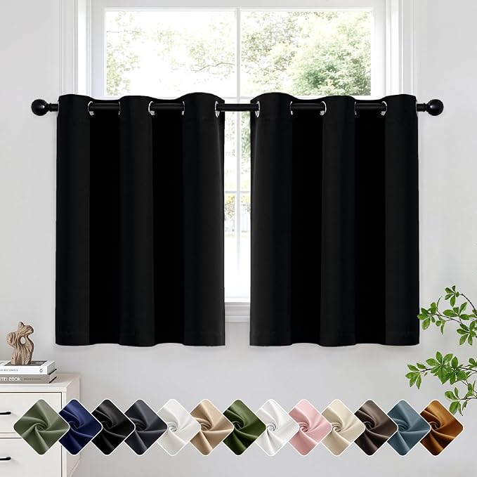 Short Black Half Blackout Curtains W40 x L36 Inch 2 Panels | Thermal Insulated by Woaboy