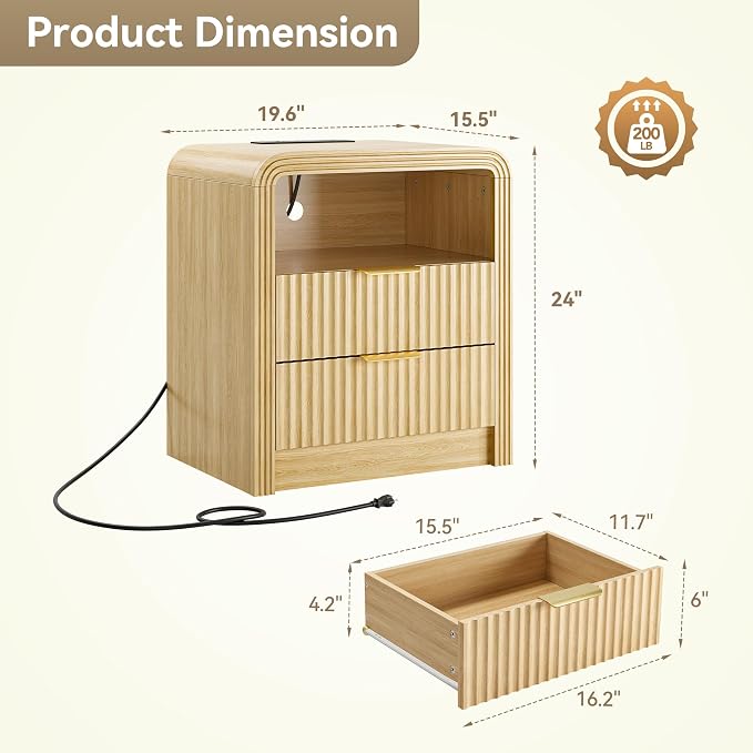 Decofy Fluted Nightstand with Charging Station, 19.7'' Wide Morden End Table - Image 2